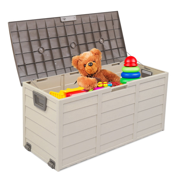 Deck box shown open with lid raised