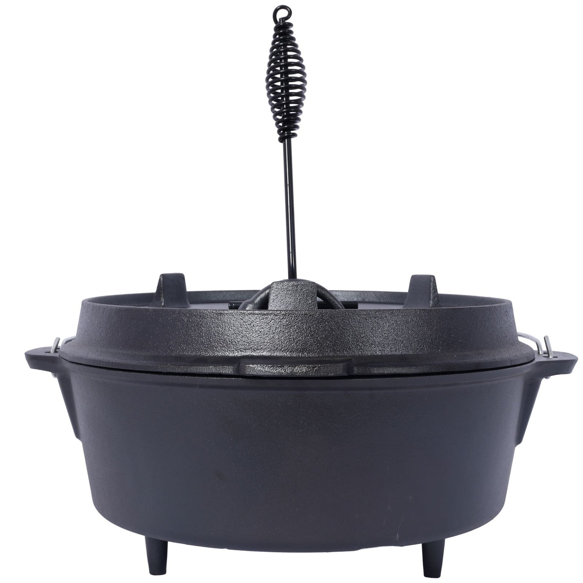 Front view of the pot on its three legs with the coiled lid lifter standing upright in the lid