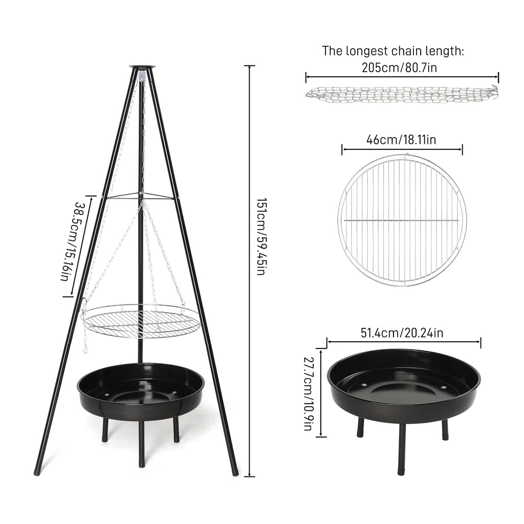 Dimension diagram for the campfire tripod grill