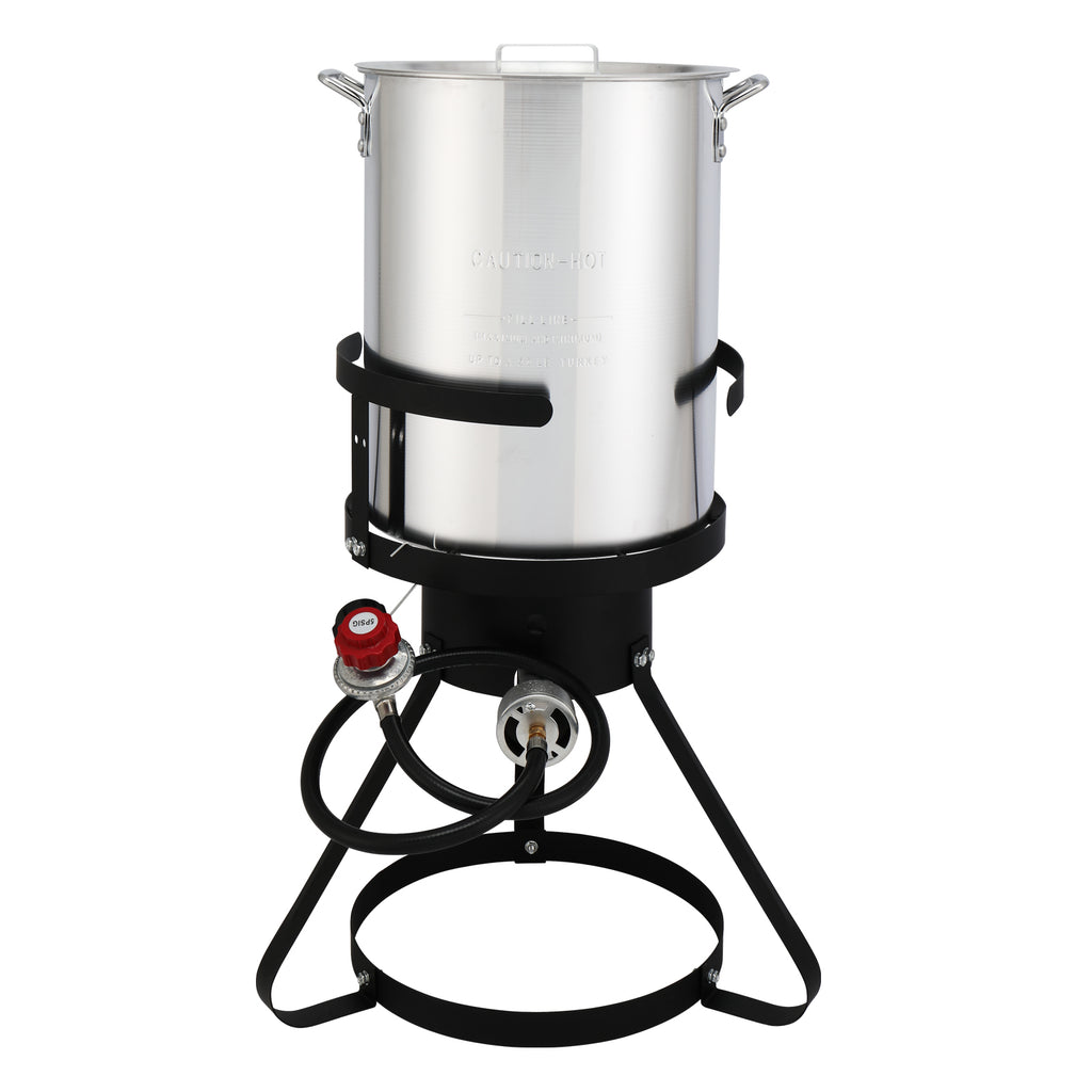 Thirty-quart turkey fryer pot on a cast-iron burner stand