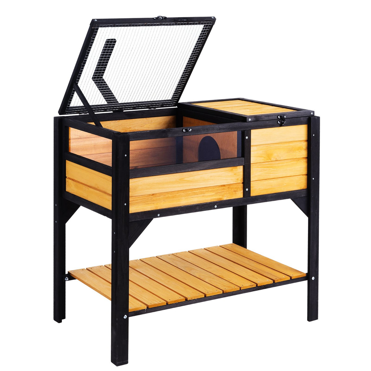 Cedar tortoise house on a stand with the lid open