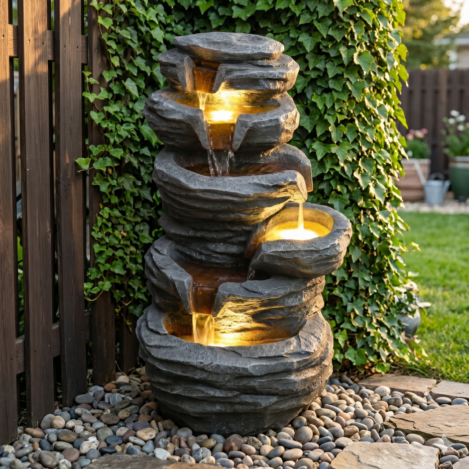 Stacked rock waterfall fountain against an ivy wall