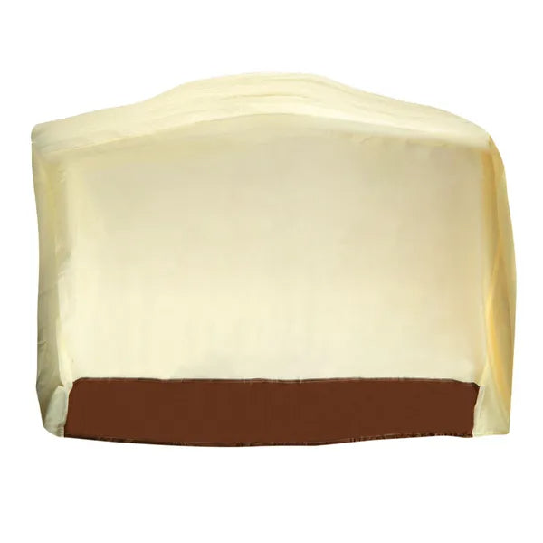 Waterproof grill cover in beige over a full-size gas grill