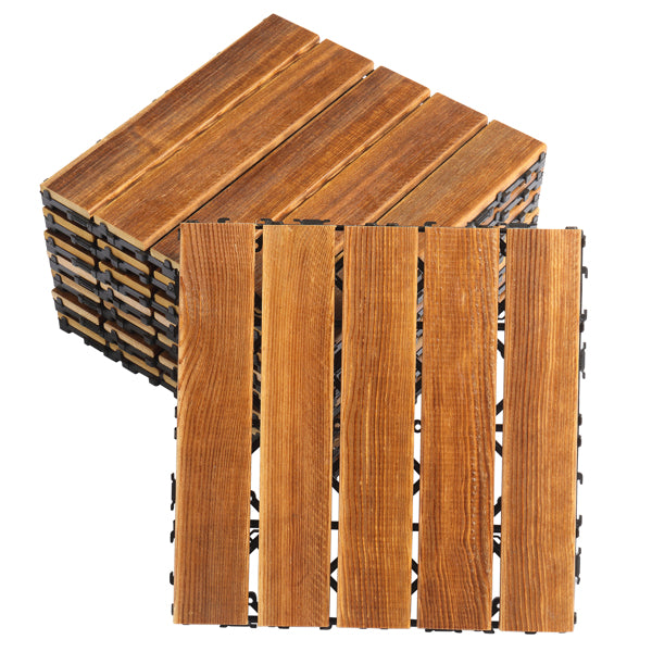 Several tiles on a white background, tilted to show the wide wood slats on top and the black interlocking base beneath