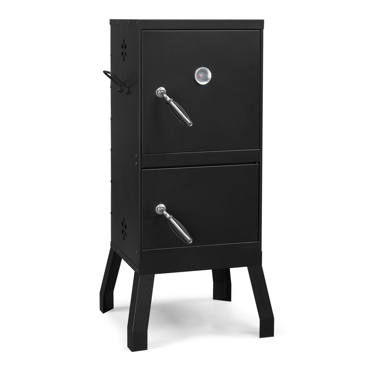 The black vertical smoker with both doors closed, shown against a white background