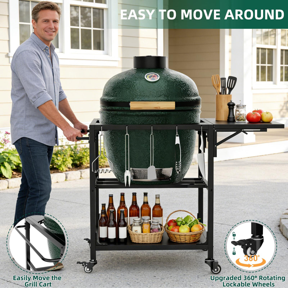 The cart being wheeled across a patio, shown with a grill fitted. Grill not included.
