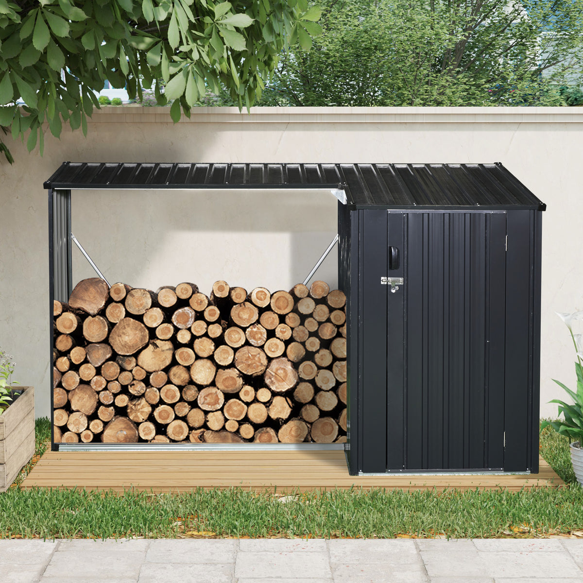 Firewood rack storage compartment open
