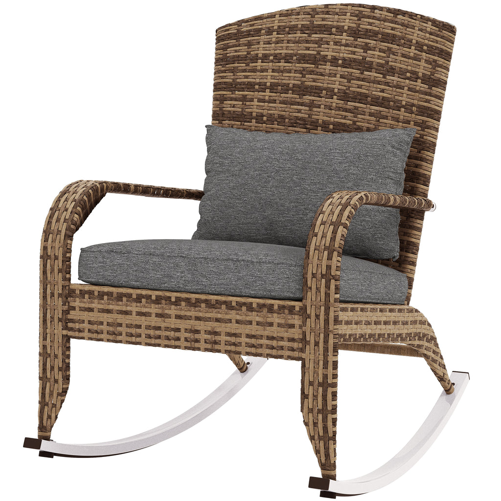 Grey wicker Adirondack rocking chair with cushion and pillow