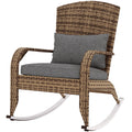 Grey wicker Adirondack rocking chair with cushion and pillow