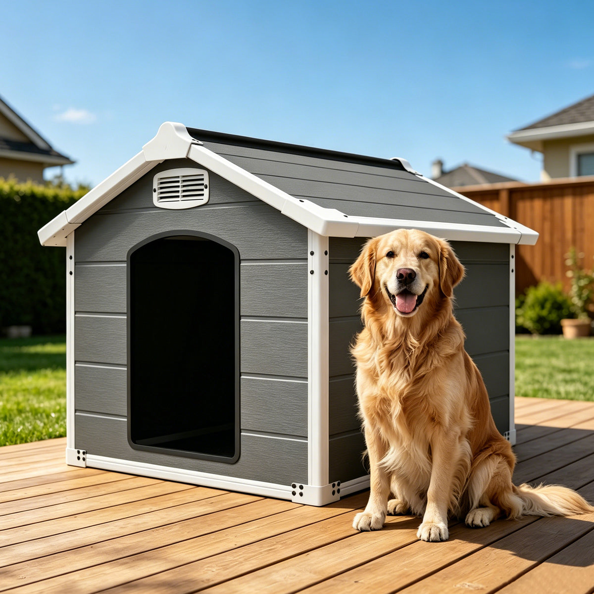 Golden retriever sitting in the doorway of the dog house