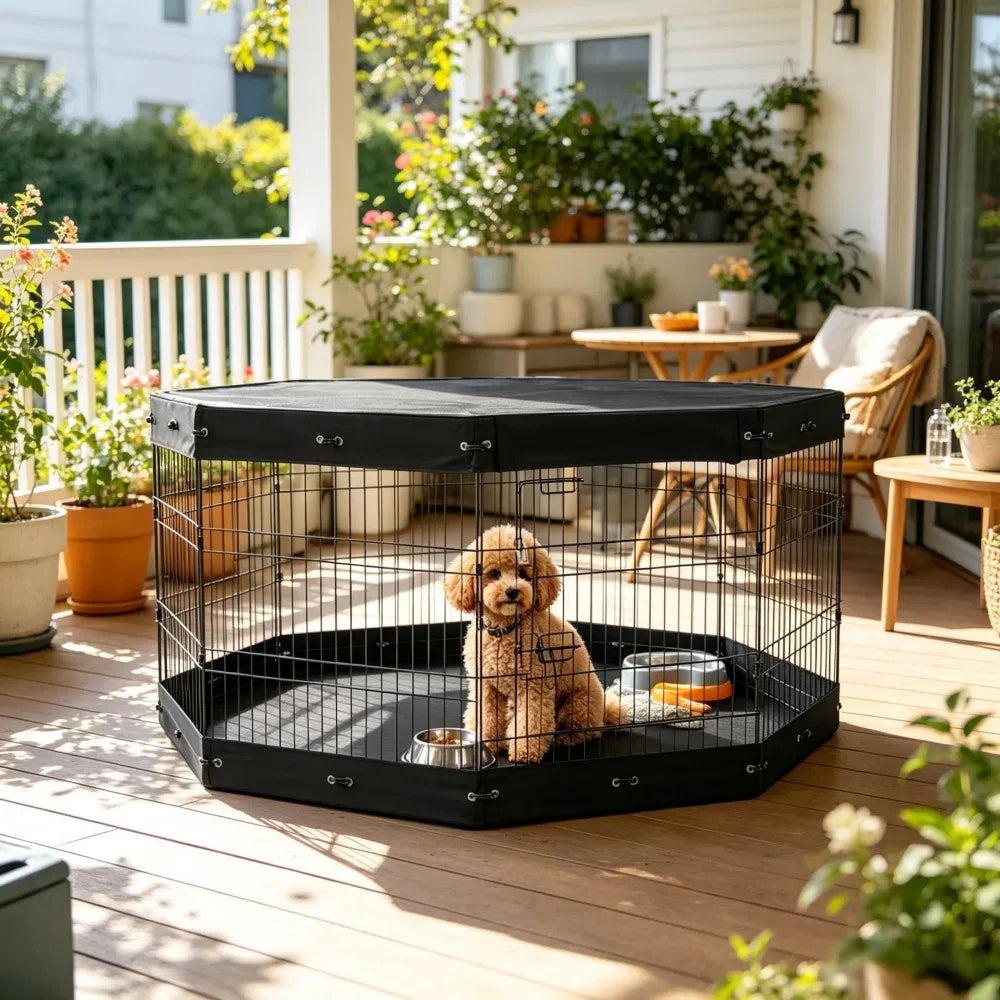 Octagonal pet playpen with a dog inside on a patio