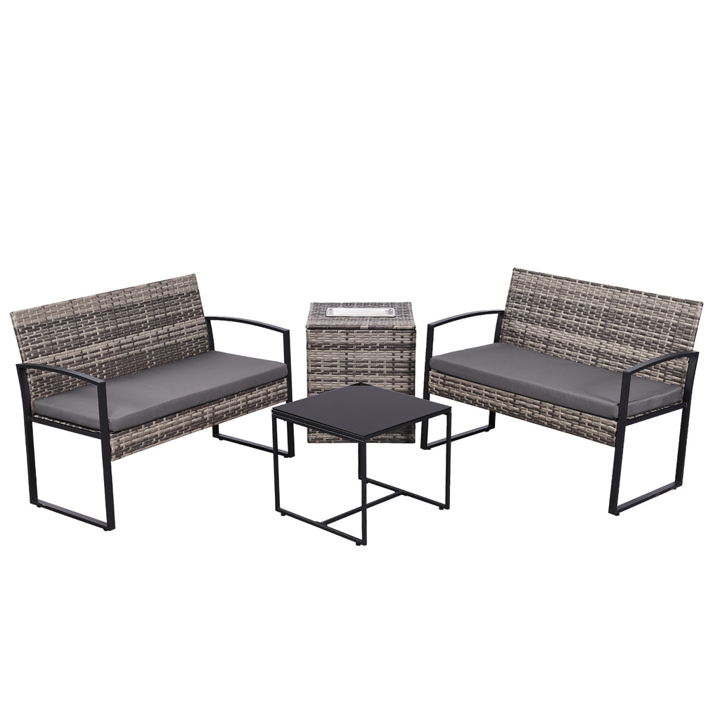 Four-piece wicker patio set in grey with cooler coffee table