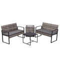 Four-piece wicker patio set in grey with cooler coffee table