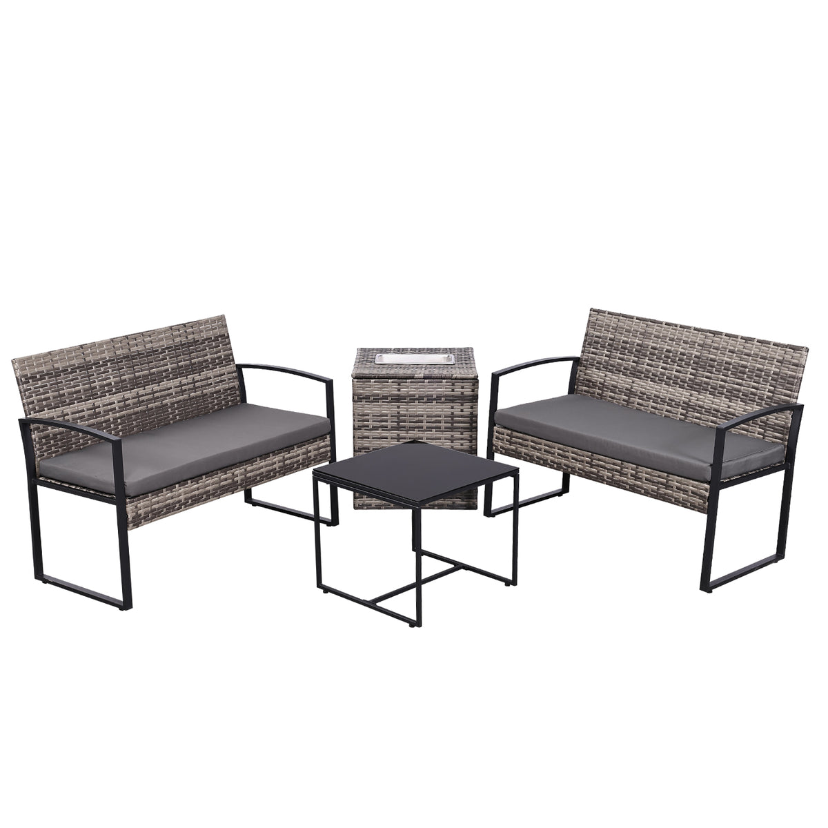 Four-piece wicker patio set in grey with cooler coffee table