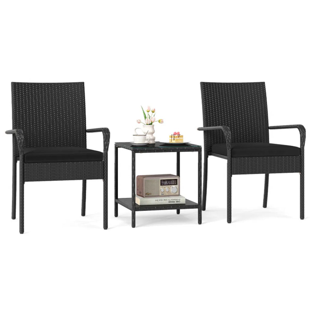 Wicker bistro set with black cushions