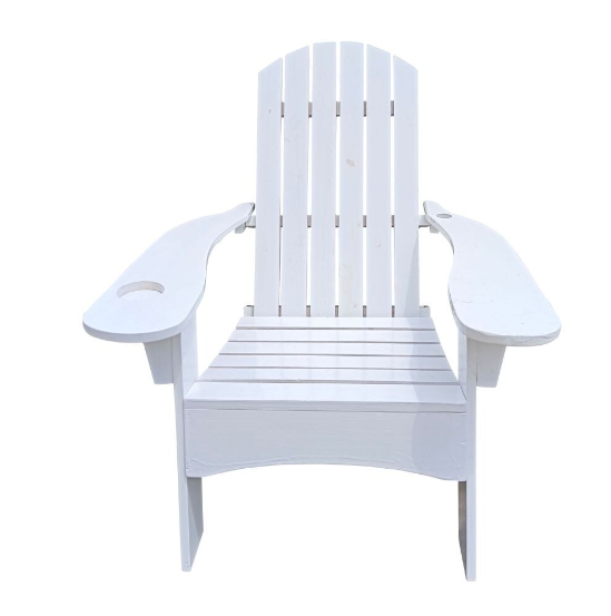 The white Adirondack chair seen head-on, showing the cupholder cut into one armrest