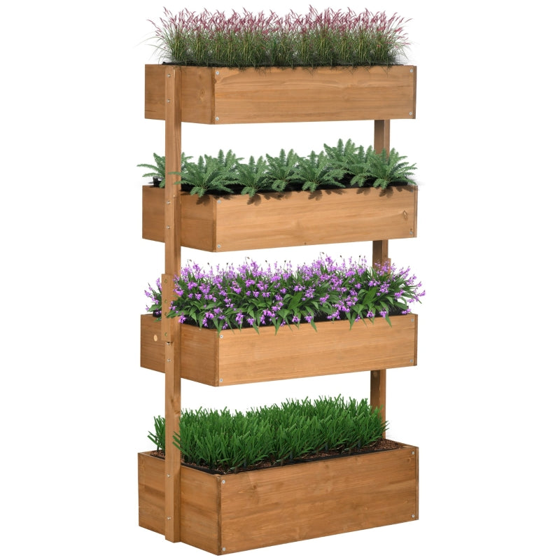 Four-tier wooden raised garden bed planted out, on a white background
