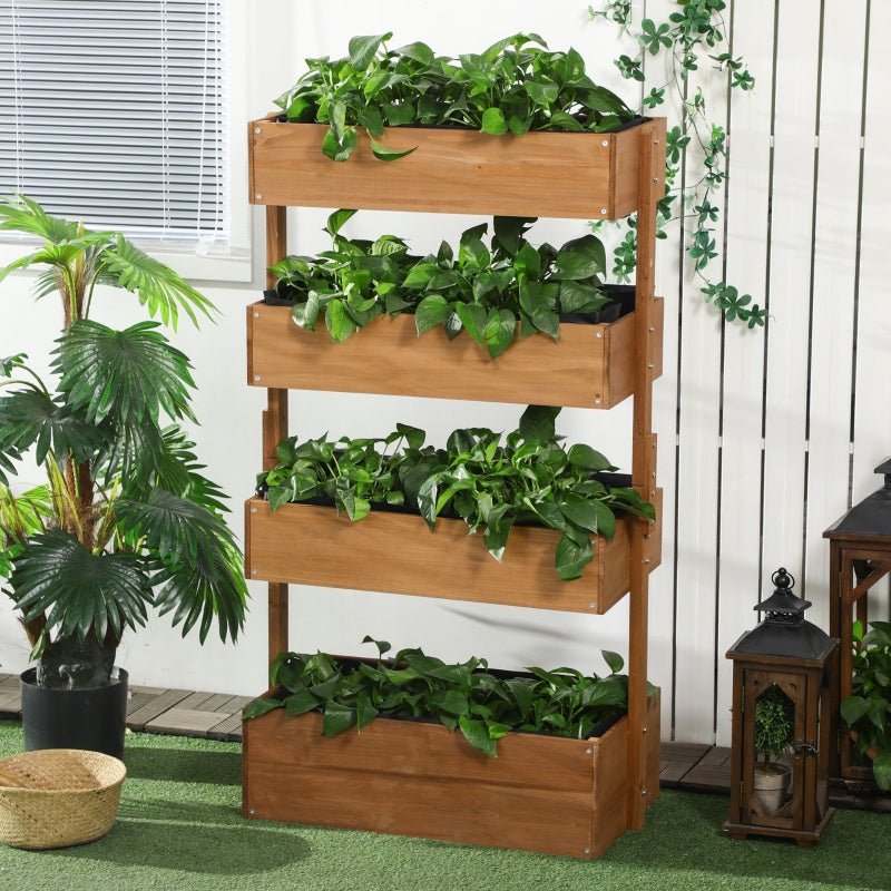 Four-tier wooden raised garden bed on a patio