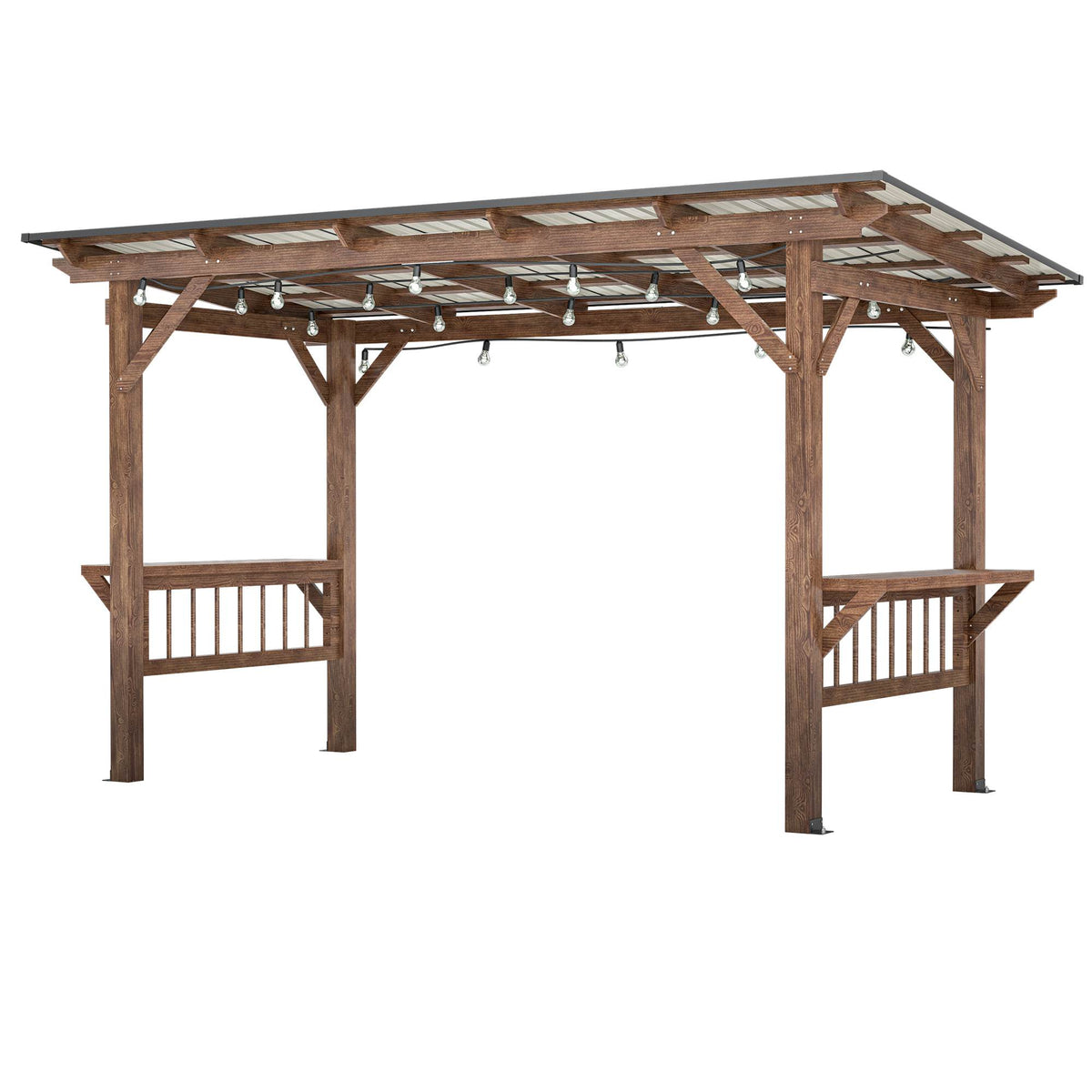 The wooden pergola with metal roof and side bar counters, shown on a white background