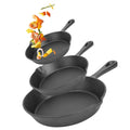 Three pre-seasoned cast iron skillets in 6, 8 and 10 inch sizes