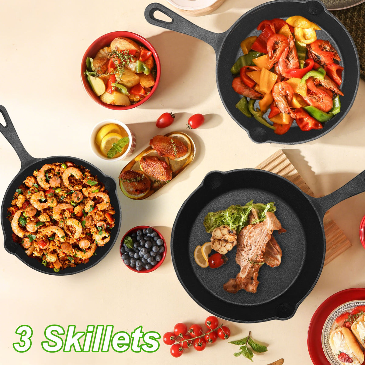 The three skillets stacked