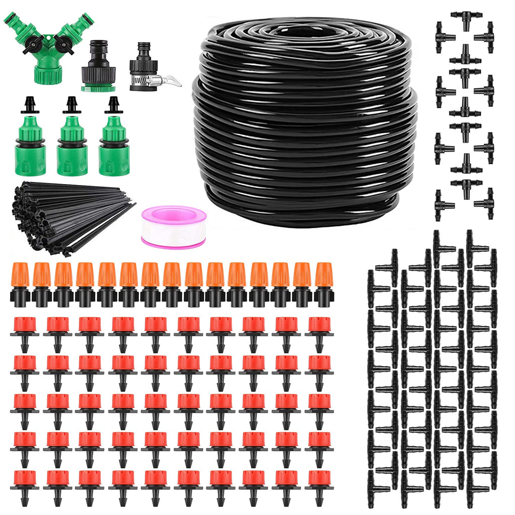 The kit contents laid out: tubing, drippers, connectors and stakes