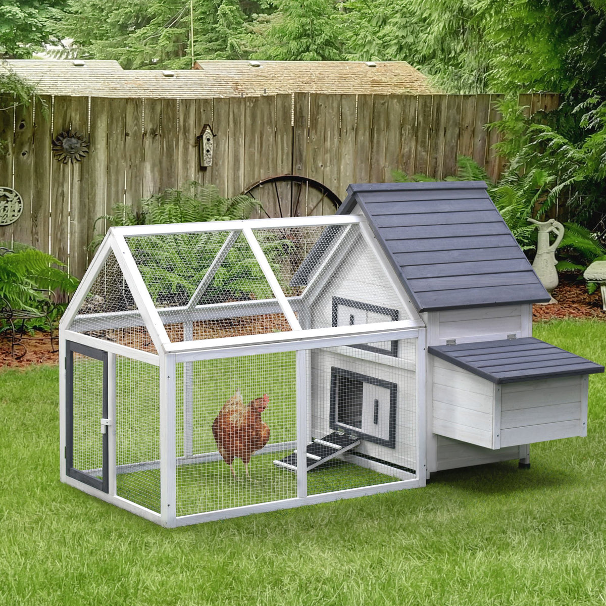 Chicken coop and run in a garden