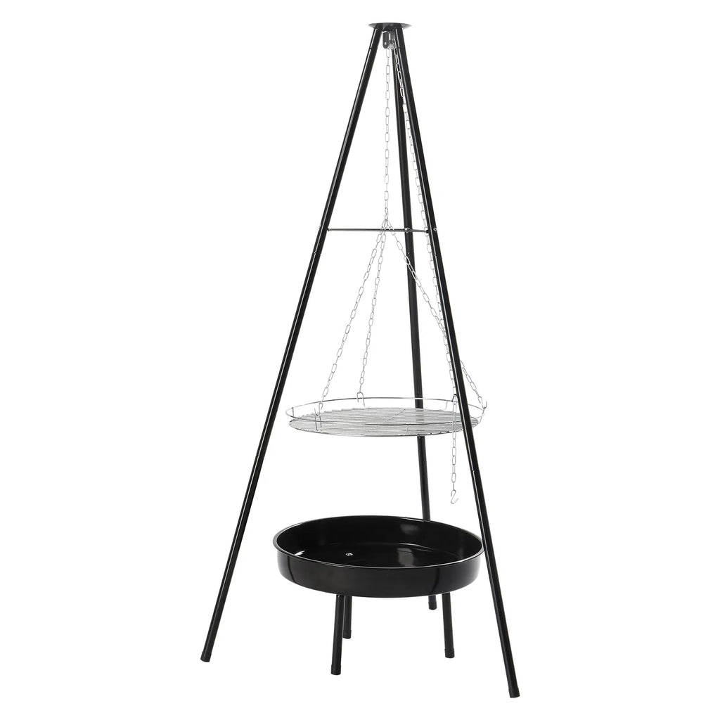 Tripod grill with the grate lowered
