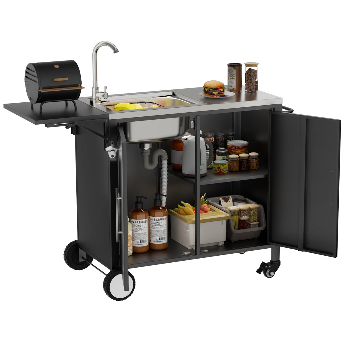 Grill cart with sink and open cabinet doors on a patio