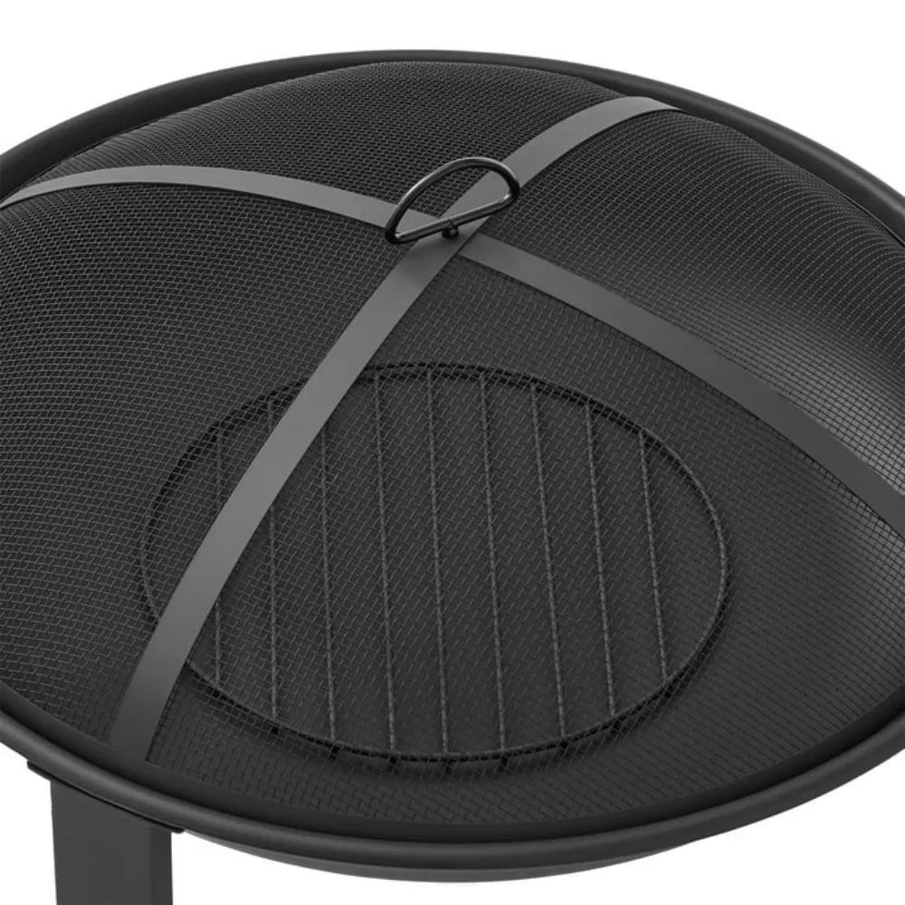 28-inch black steel wood burning fire pit with domed spark screen