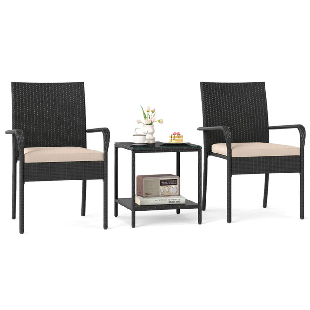 Angled view of the wicker bistro set showing both armchairs