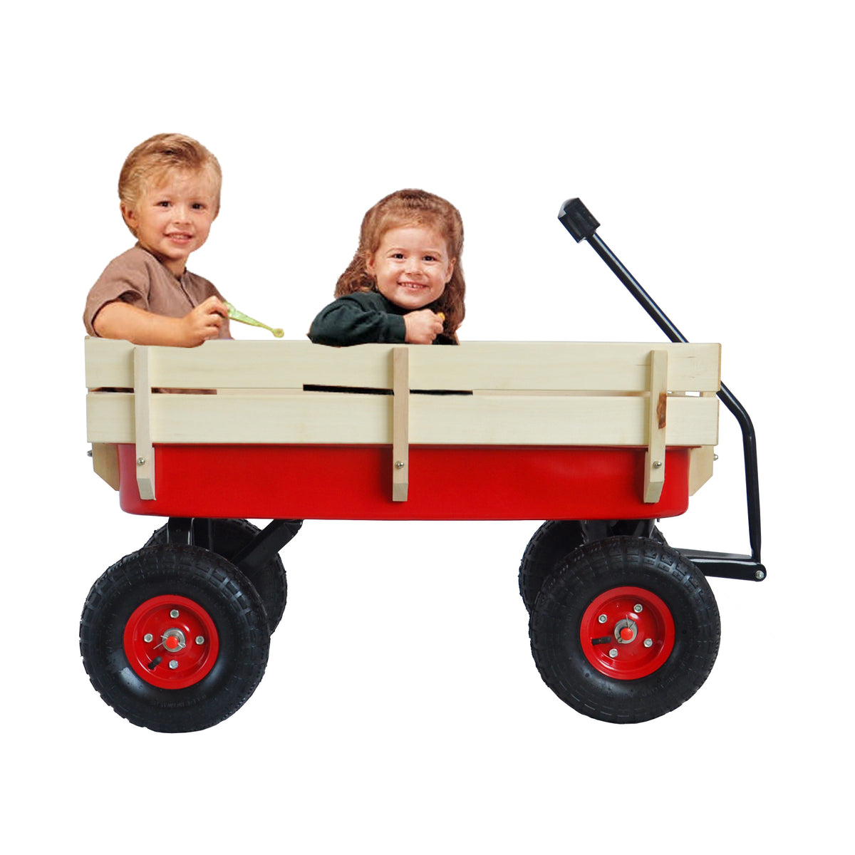 Two small children sitting inside the red wagon with its wooden side rails in place