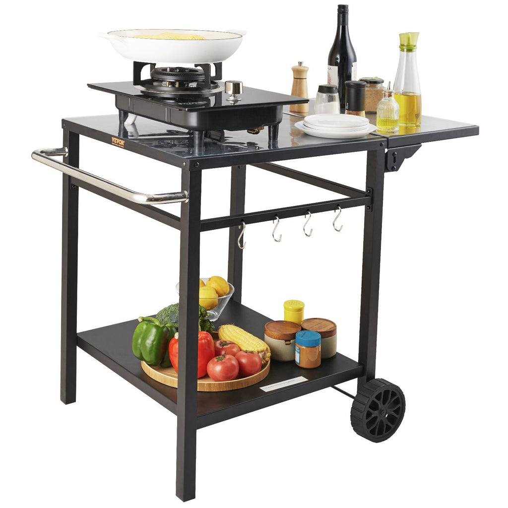 Side angle of the grill cart showing its hooks and lower shelf holding produce and bottles