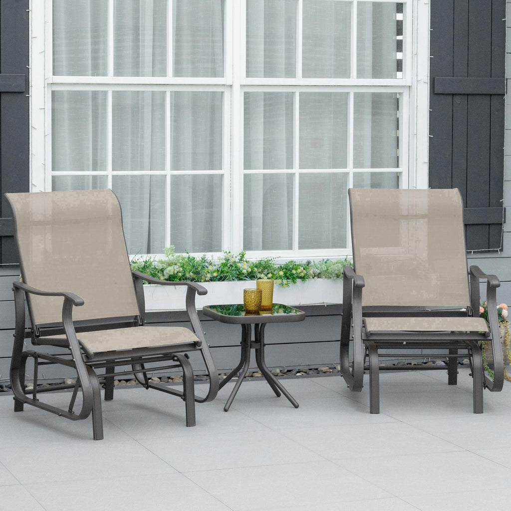 Three-piece outdoor glider set with two gliding chairs and a tea table