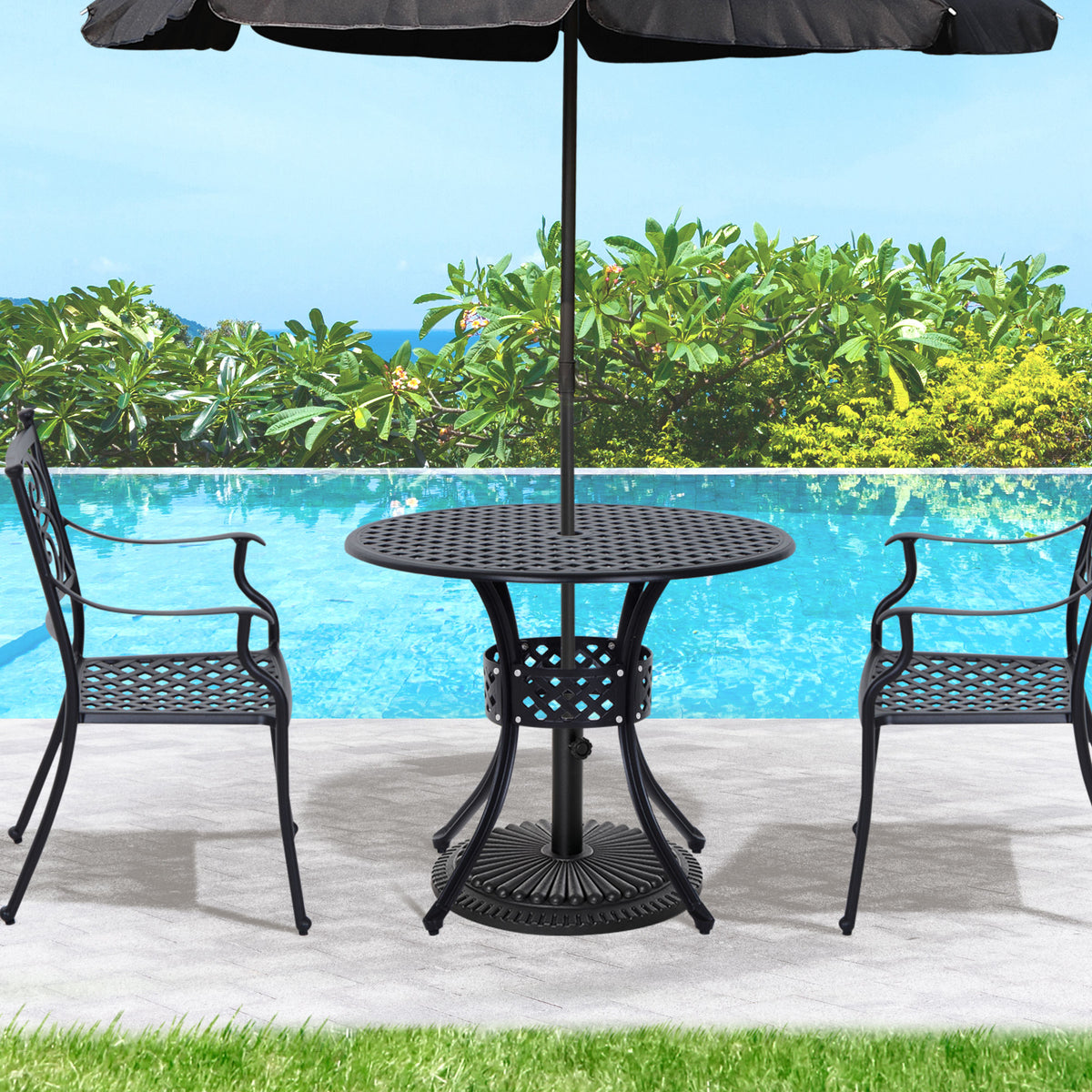 33-inch round black cast aluminum patio table with umbrella hole
