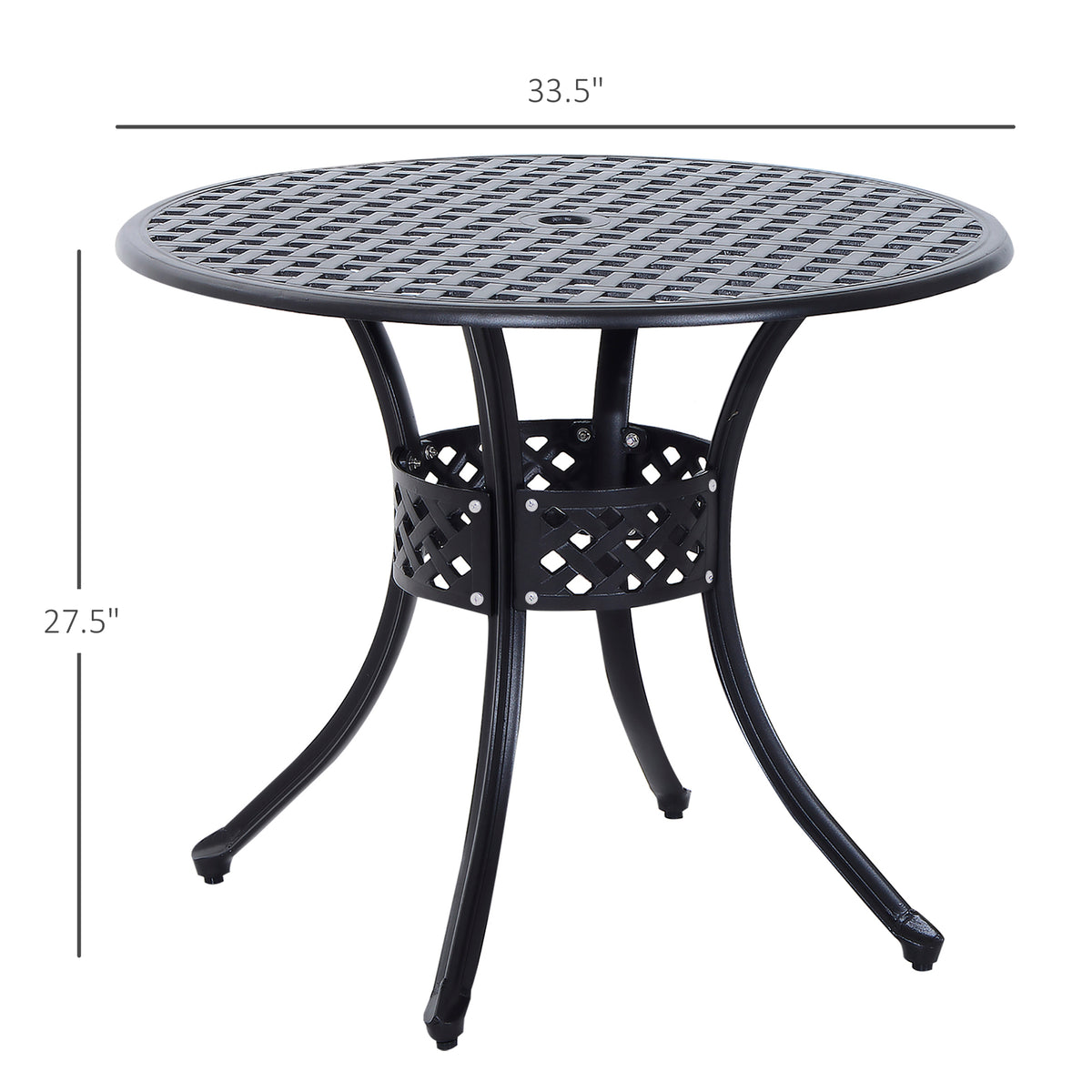 Cast aluminum patio table, angled view