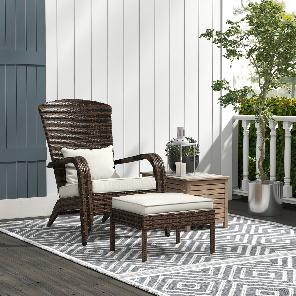 Wicker Adirondack chair and ottoman on a covered porch