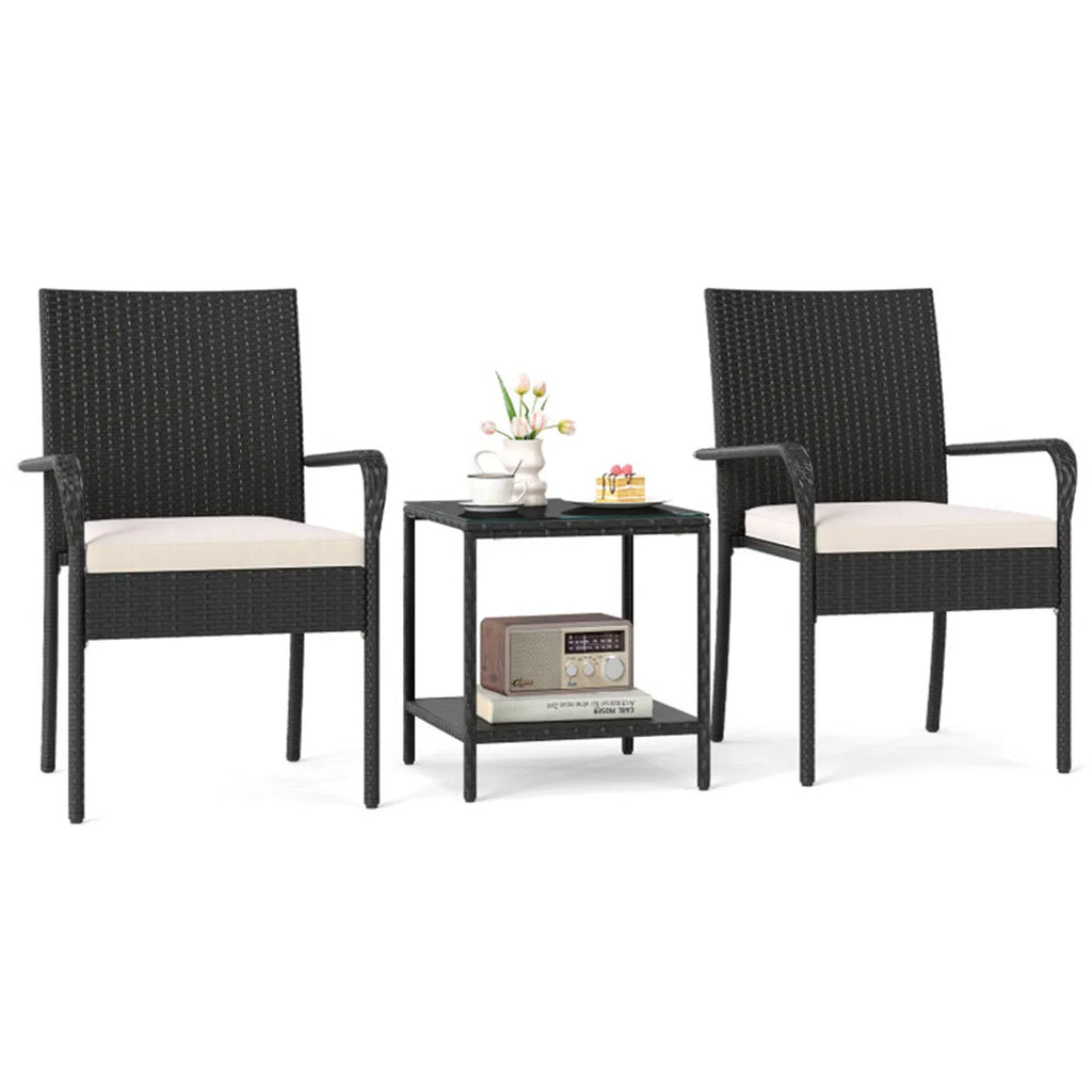 Wicker bistro set with white cushions