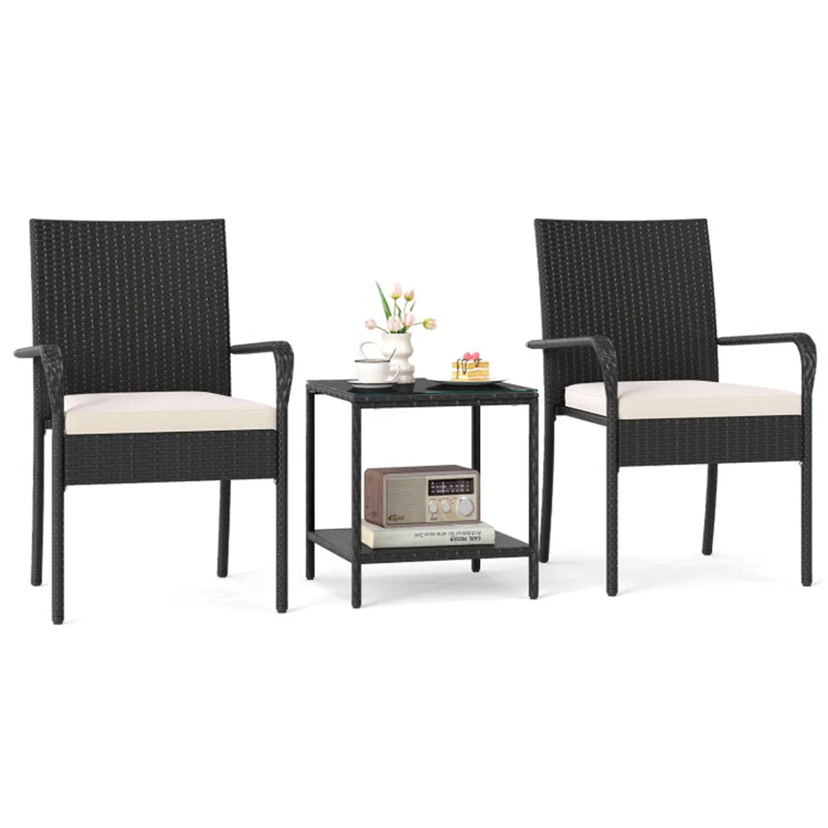 Wicker bistro set with white cushions