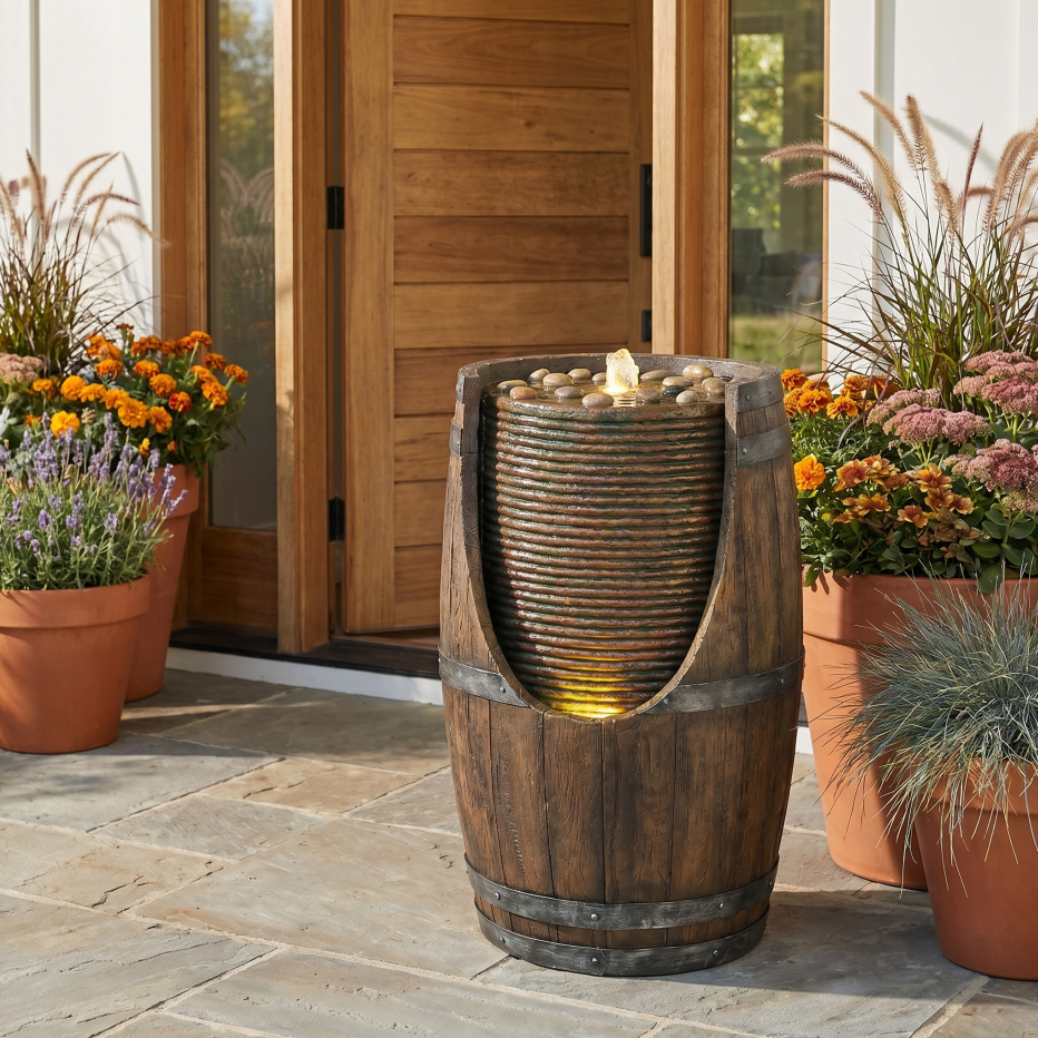 Barrel fountain beside a front door with autumn pumpkins