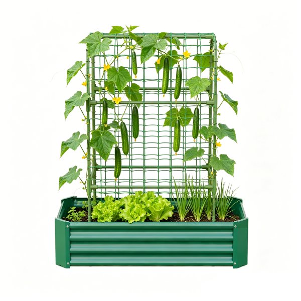 Raised bed with an arch trellis, planted with climbing crops
