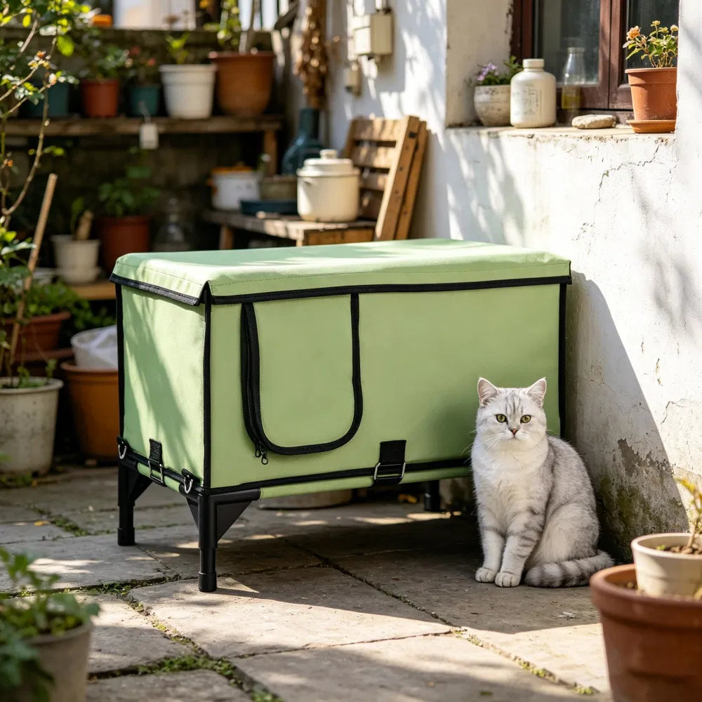 Heated cat house on an elevated stand on a patio