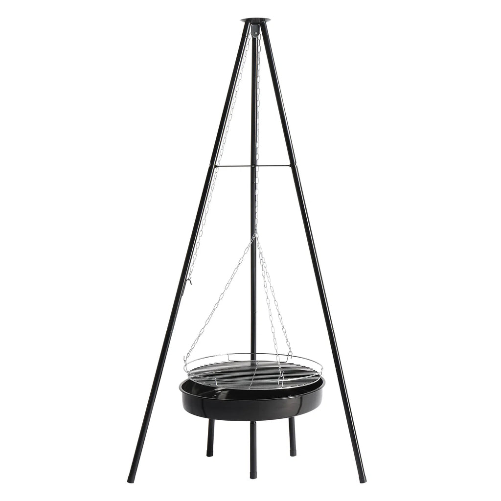 Campfire tripod grill with hanging grate and fire bowl