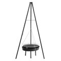 Campfire tripod grill with hanging grate and fire bowl