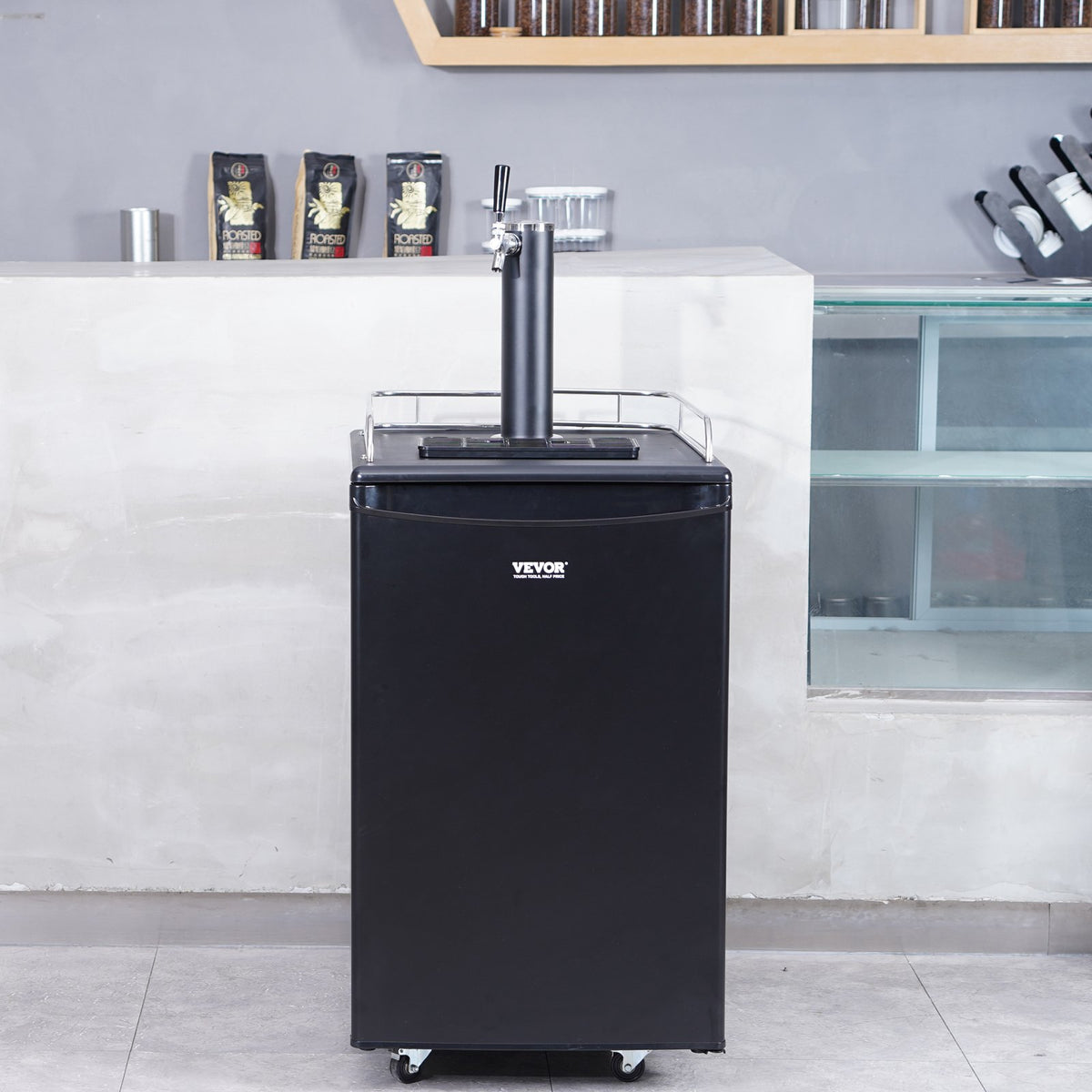 Kegerator shown in a kitchen