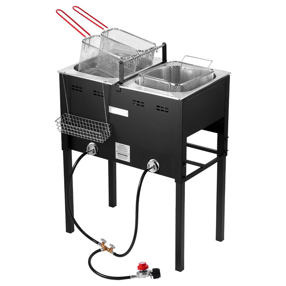 Angled view of the fryer showing both stainless tanks, one basket raised on its red-handled hook and the side rack for draining