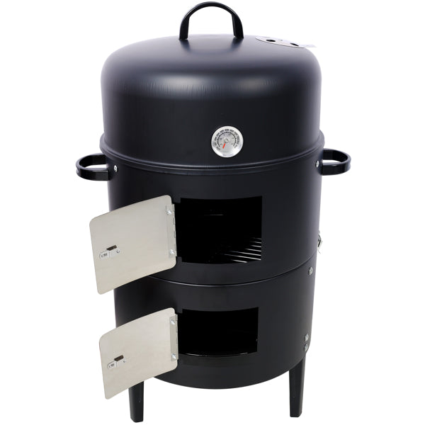 The smoker fully stacked with the dome lid on, side handles and legs
