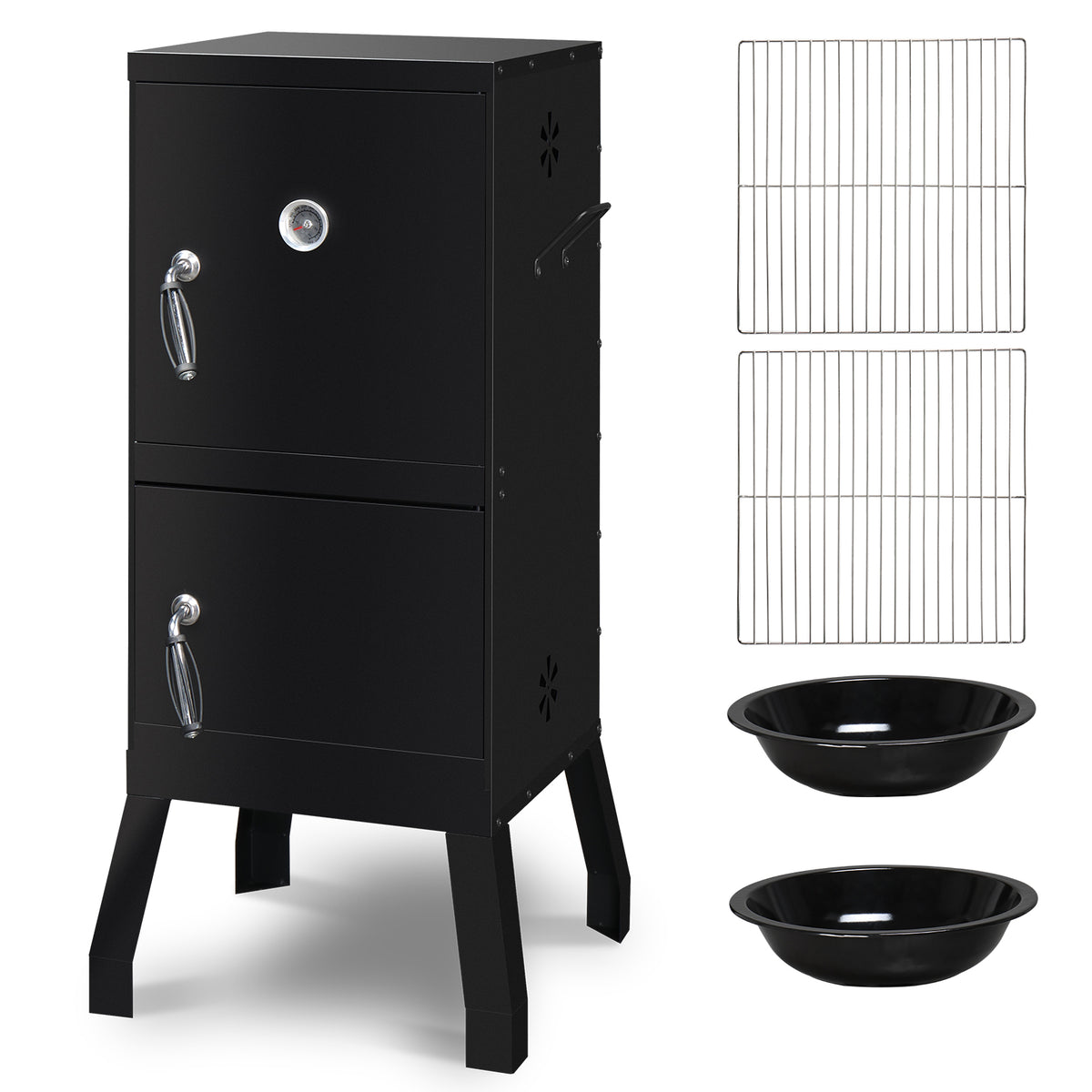 The smoker beside its two wire cooking grates and two round bowls