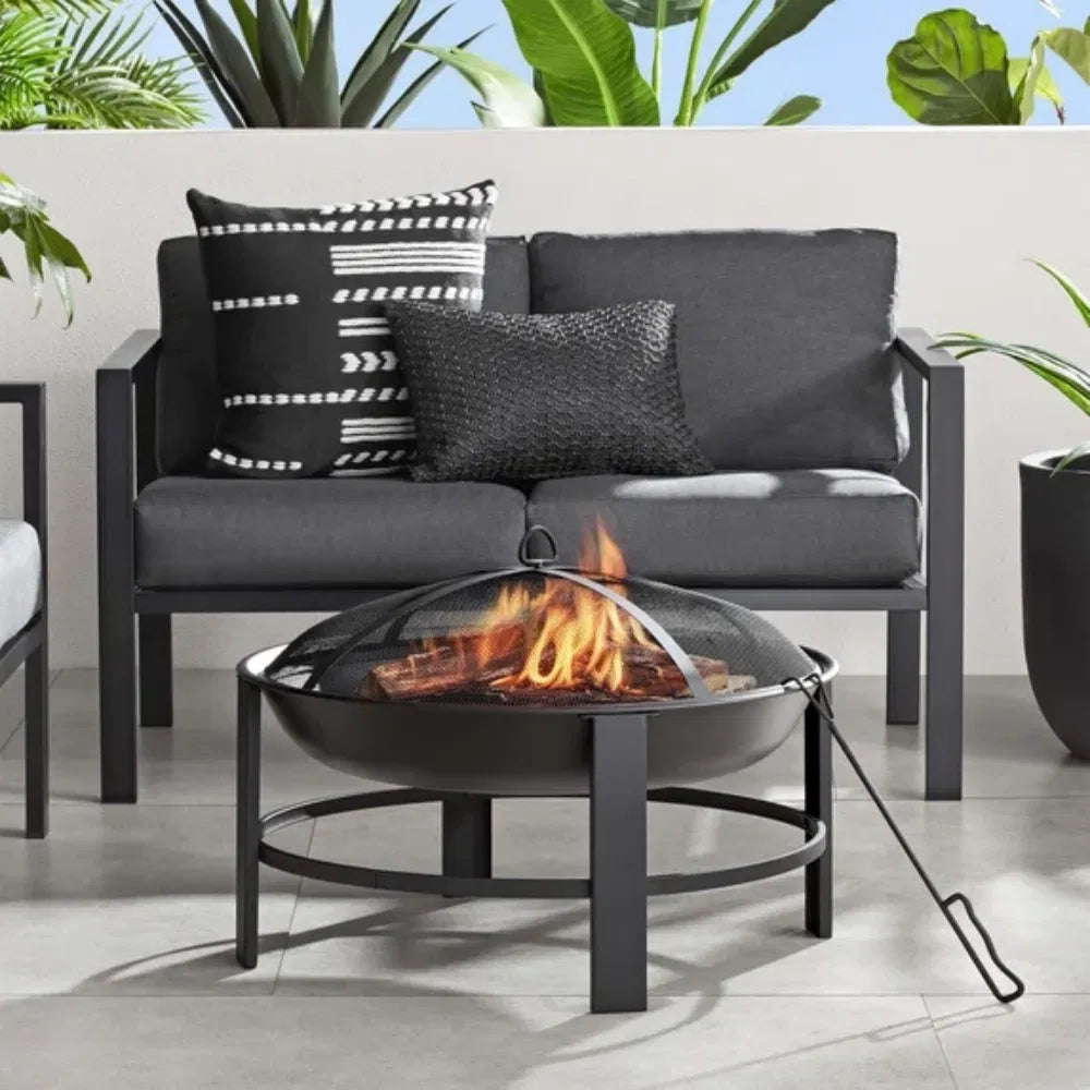 Side profile of the fire pit showing the straight frame and leg height