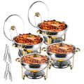 Four round stainless steel chafing dishes with glass lids